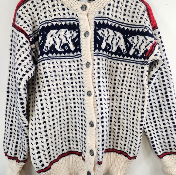 L.L. Bean Ivory, Navy & Red Elk Motif Wool Cardigan - Picture 3 of 11